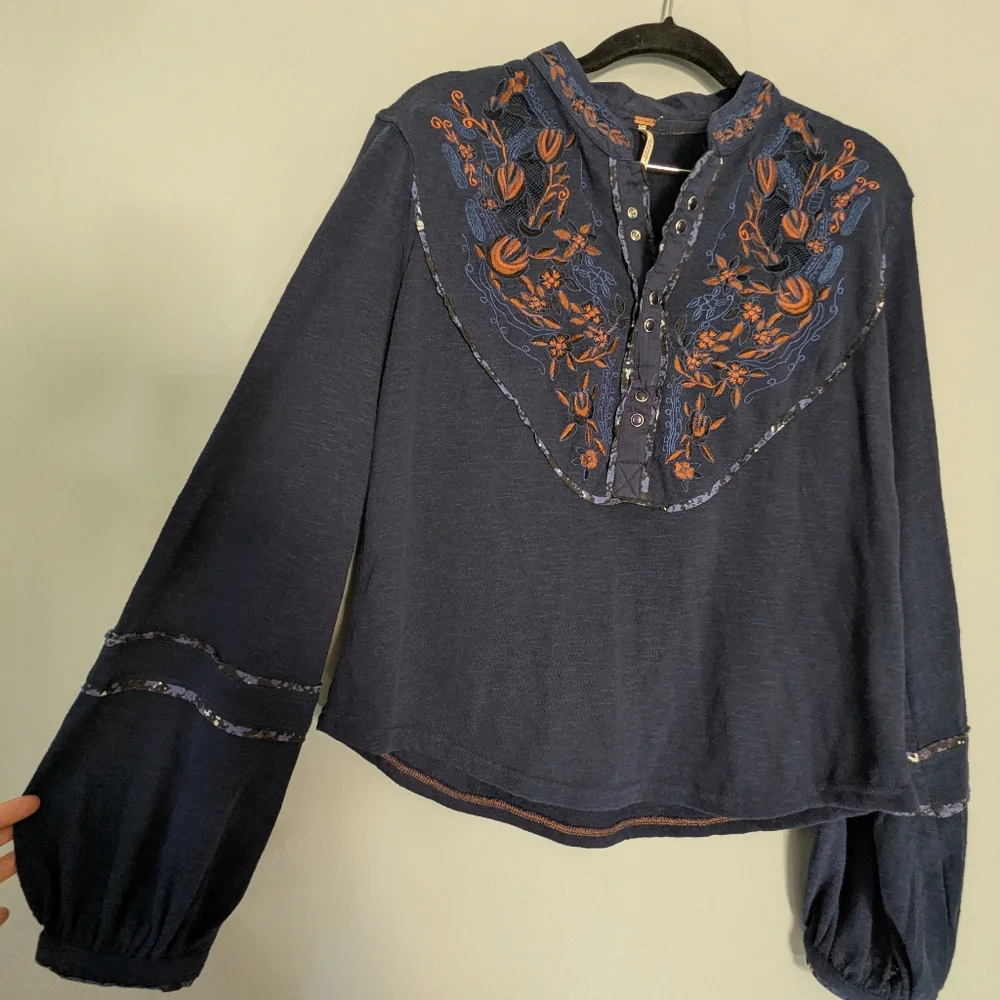 Free People Sundance Kid Embroidered Henley Long Sleeve Blue Rust XS